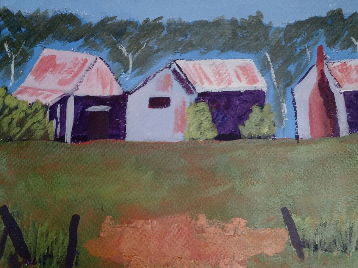 Miners cottages, trees, distant home, Outback, Impressionist Acrylic Original