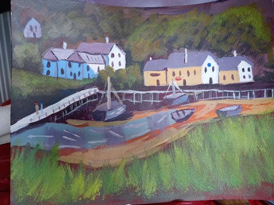 Cornwall Fishing Village, seascape,  11x14 acrylic painting, impressionist