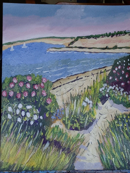 seascape ocean dunes flowers on the beach acrylic, on 11x14  canvas paper