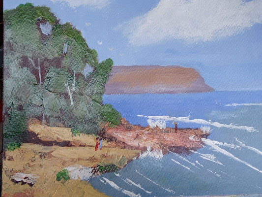 Beach Scene, trees, mountain, seascape acrylic 11x14 painting on canvas paper