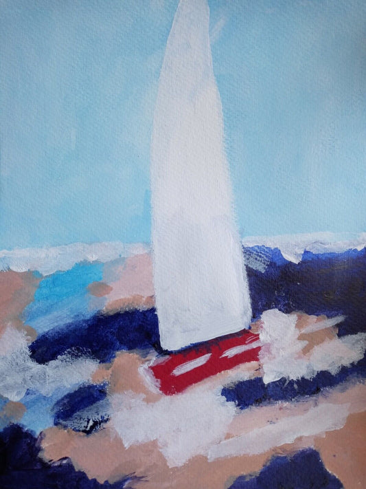  Sailboat, Rough seas, waves, abstract original 14x11 acrylic painting, 