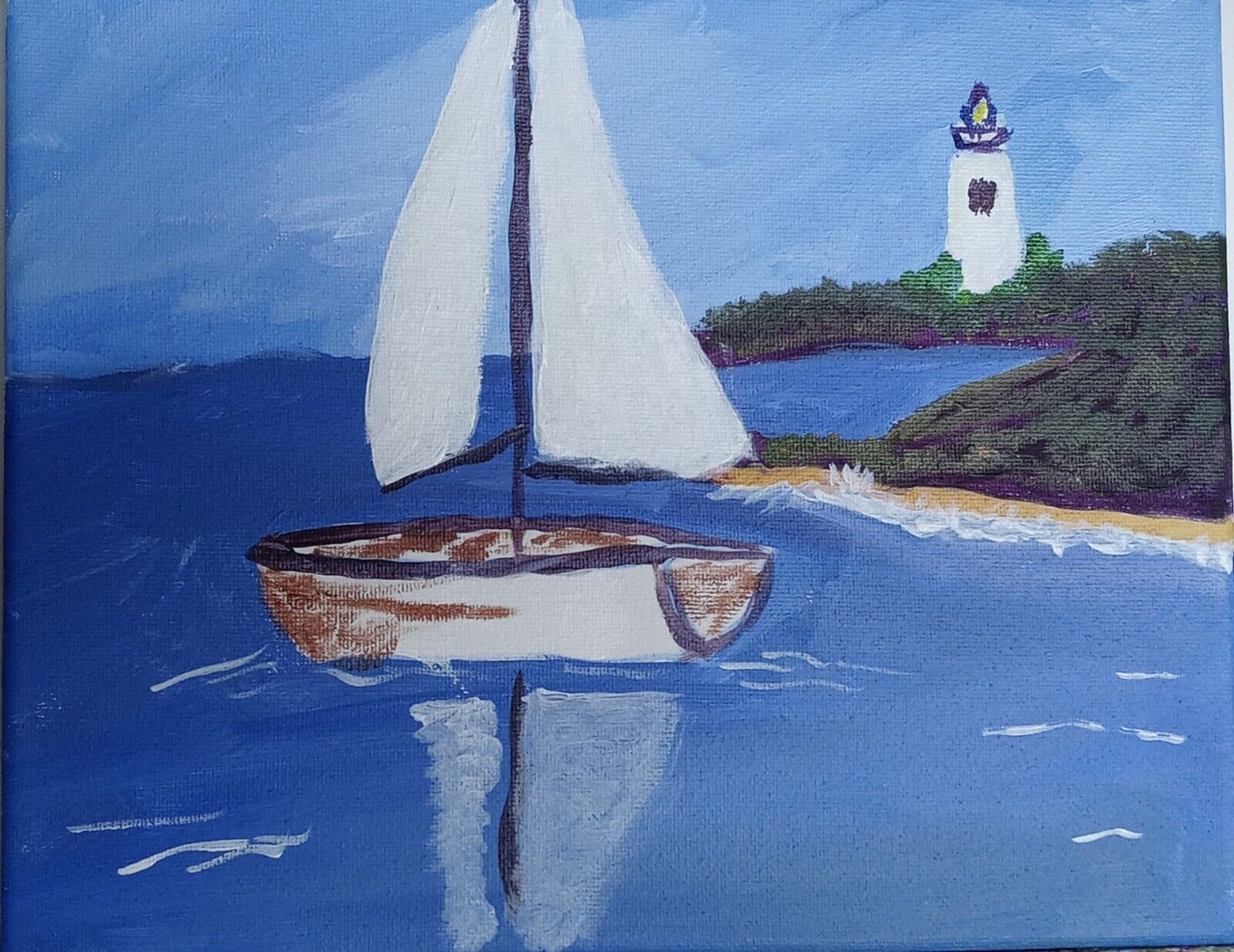 Sailing along Seacoast, Lighthouse, Acrylic Painting, seaside sunny day on Cape 