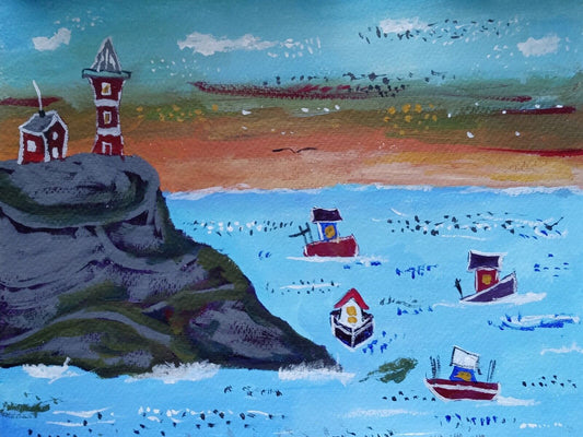 Seascape whimsy, boats, seacoast, lighthouse ocean fun,acrylic painting 11 x 14