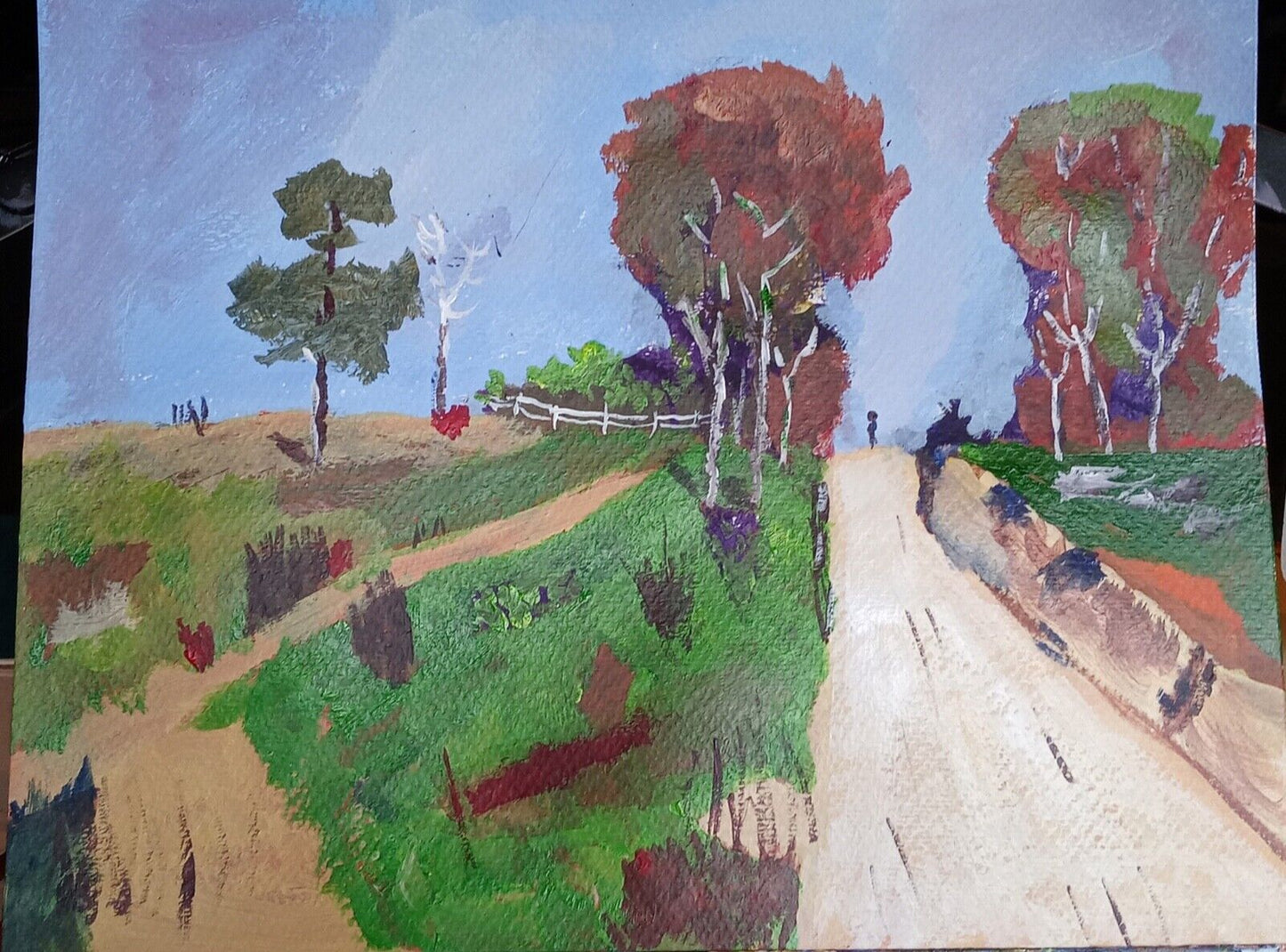 Landscape, trees, people, grass, acrylic, 11x14 painting on canvas paper