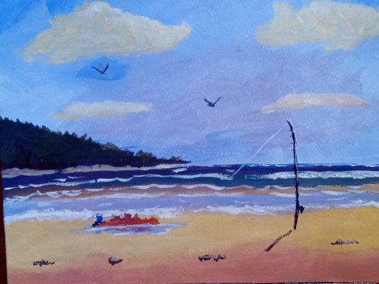 Seascape beach scene acrylic painting, impressionist 11x14, acrylic art paper