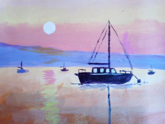 Sailboat at sunrise colorful acrylic painting 11x14, on Art canvas