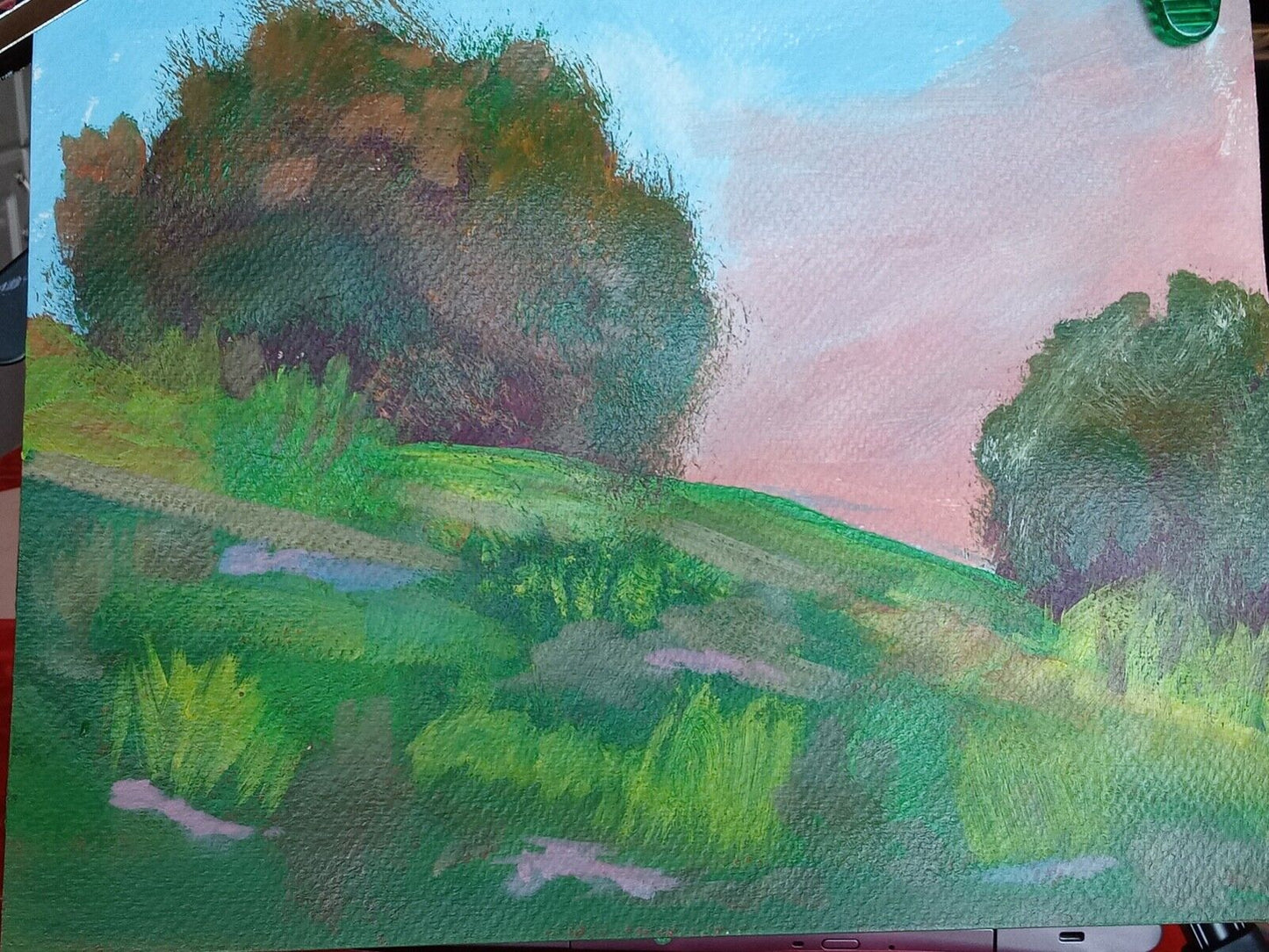 Landscape, rolling hills, trees, grasses, Abstract Acrylic Painting Original