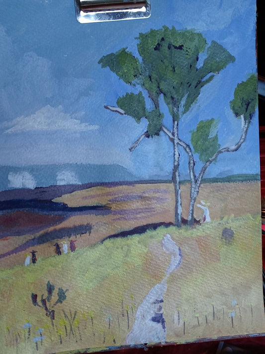 Landscape scene, people picnicking in field, acrylic, 11x14 on canvas paper