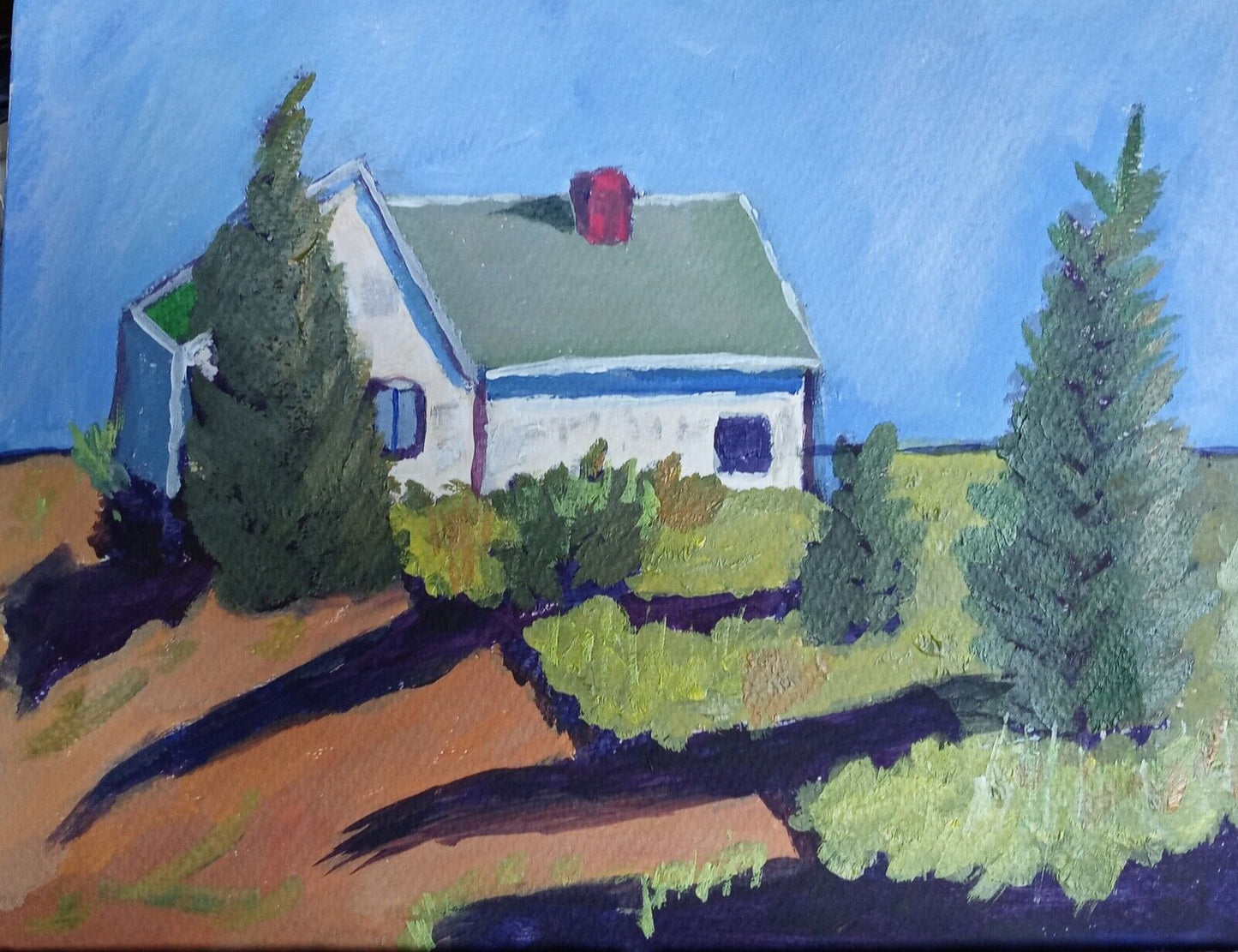 Home on the Range Acrylic Painting, Impressionistic home in field bright setting