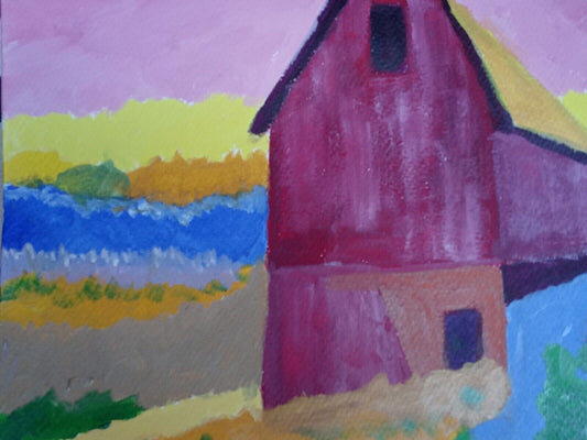 tall red Barn in Corn Field colorful background Acrylic 11x14 original painting