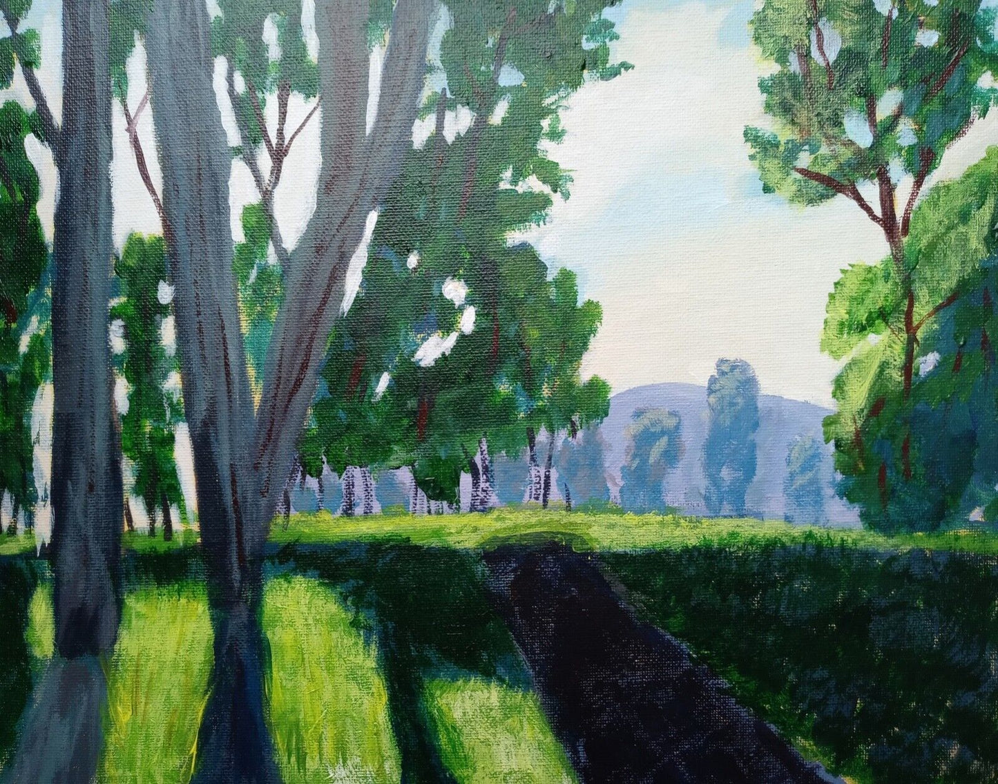 Back lit trees showing sunny green grass as the sunlight streams thru the tree branches, distant mountains 11x14 acrylic orig