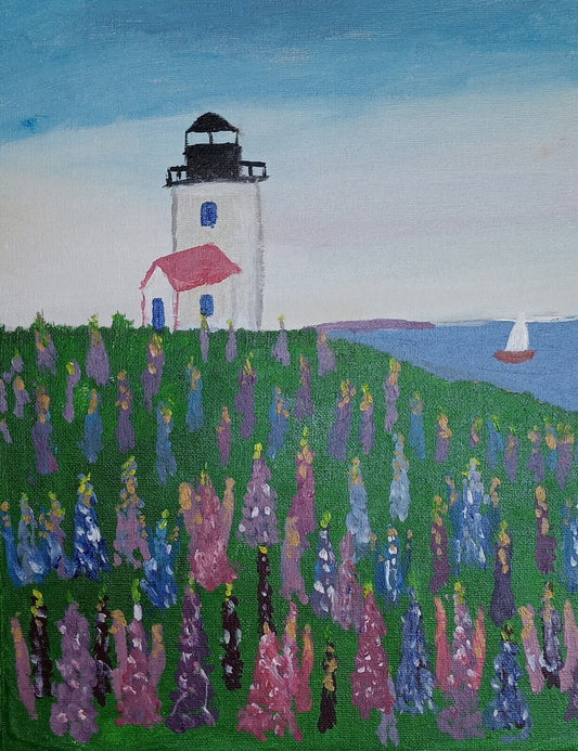 Beautiful lighthouse with lupins growing in fields all around, acrylic, 11x14 painting on canvas art paper