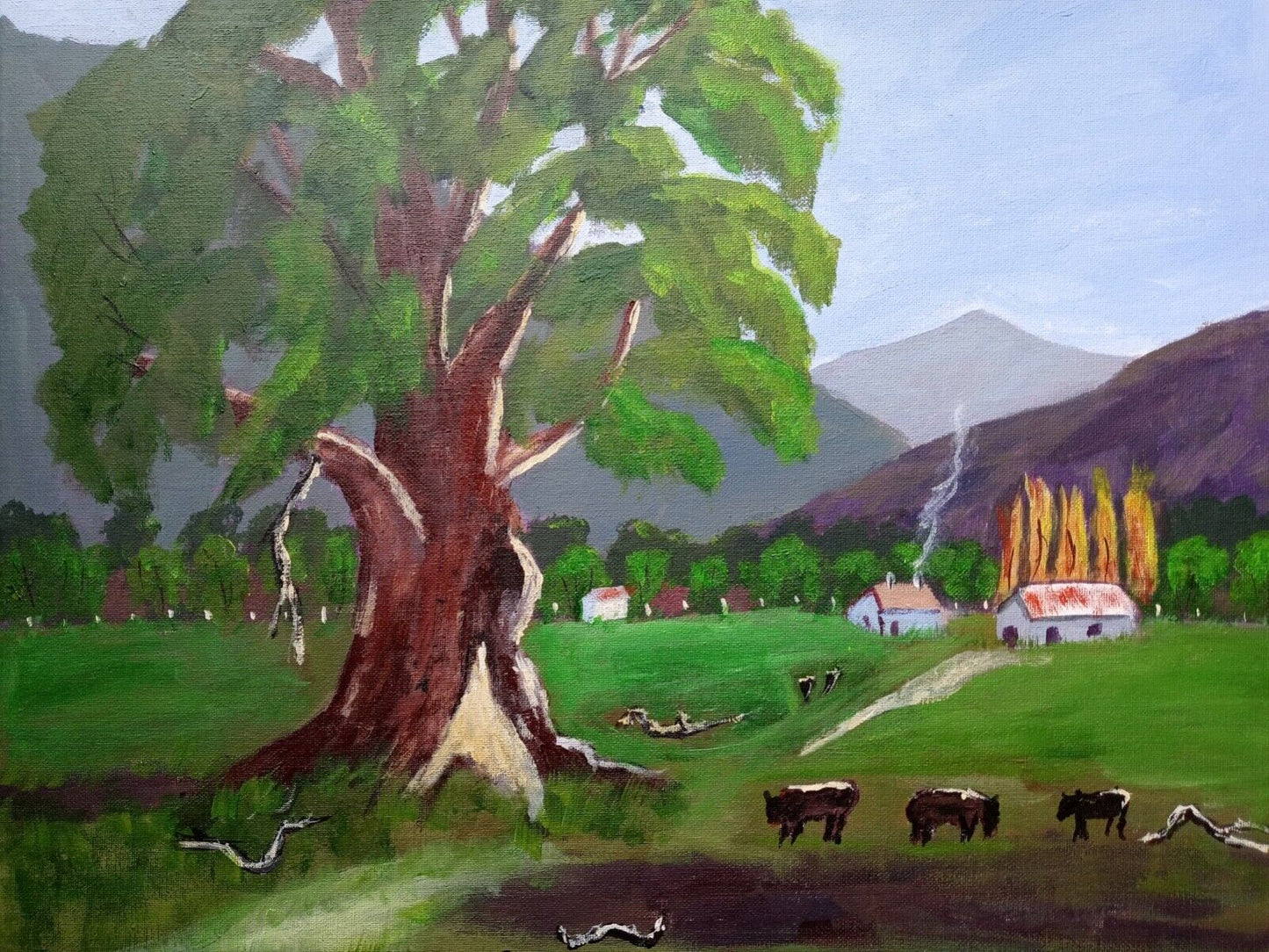 Colorful Gum Tree, farm, distant mountains, acrylic, 16x20 painting stretch canv