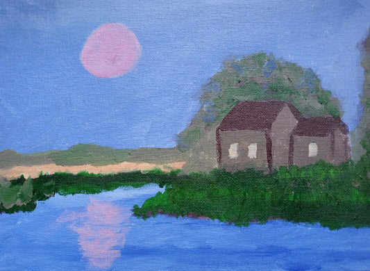 Seascape, pink moon acrylic painting, impressionist 11x14, on acrylic art paper