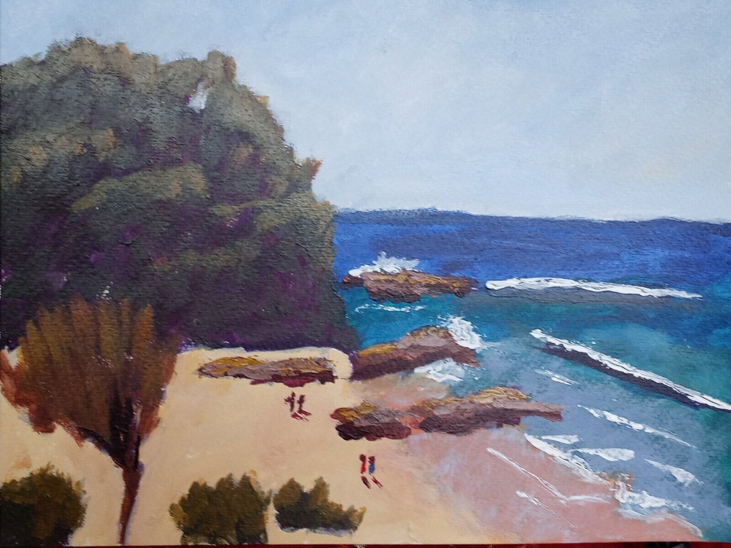 Beach Seascape, waves, rockshore 11x14 acrylic painting, Coolum Beach, Australia