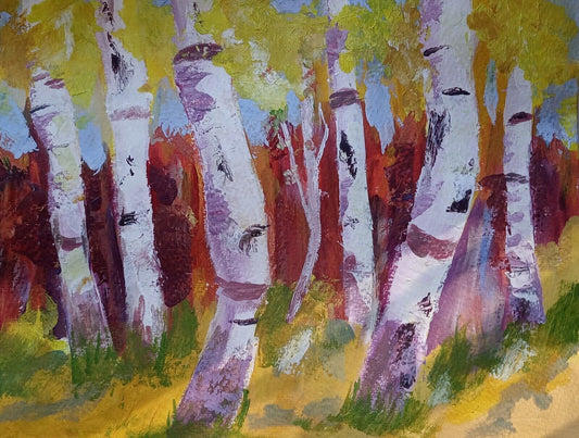 Birch trees in forest, bright colors, acrylic, 11x14 on canvas paper