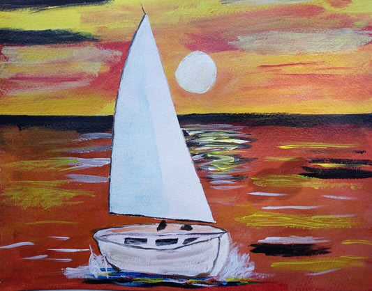 Sailboat at Sunset on Cape Cod, chunky paint, glowing ocean, 11x14 acrylic canva