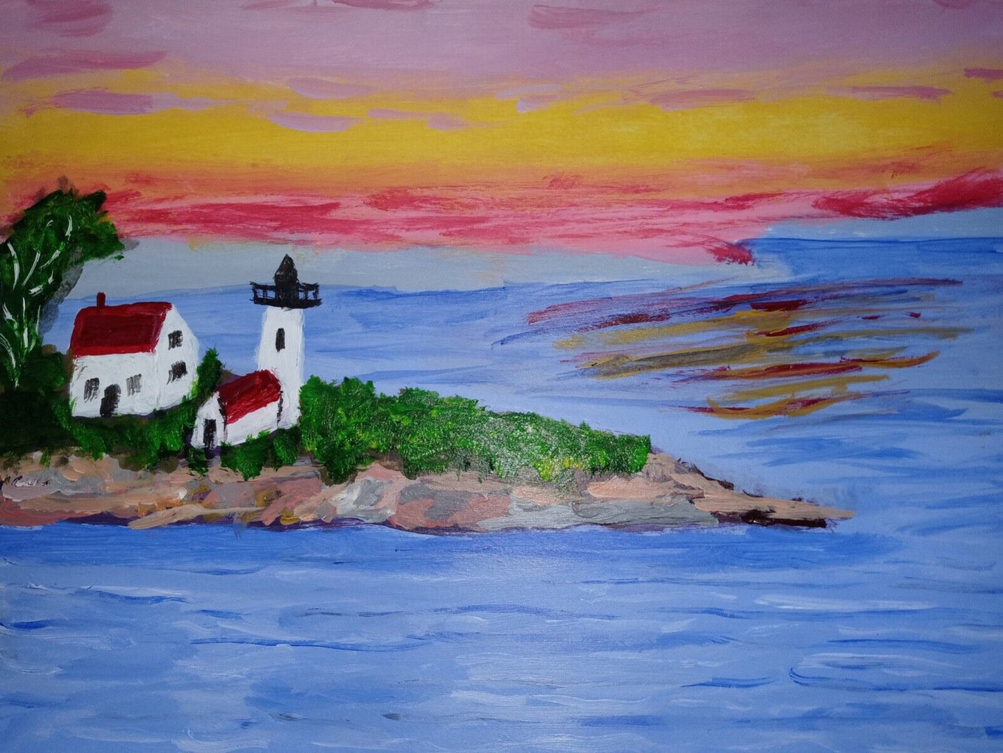 Coast Scene, trees, mountain, lighthouse acrylic 8 x 10 painting on canvas paper