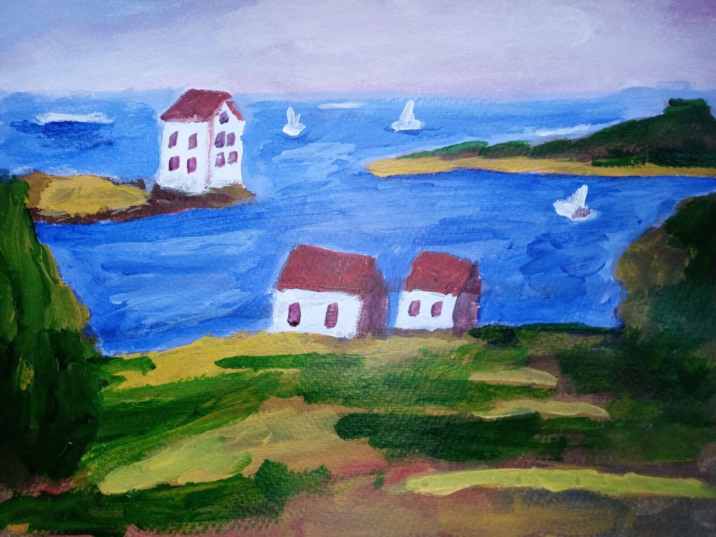 Seaview village, ocean, beach, boats, colorful 11x14 acrylic on canvas, original