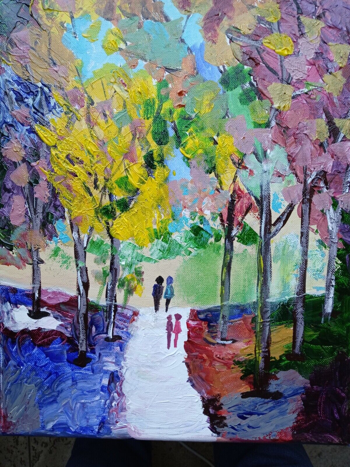 Fall Walk in the park- in the style of Afermov, colorful acrylic original paints