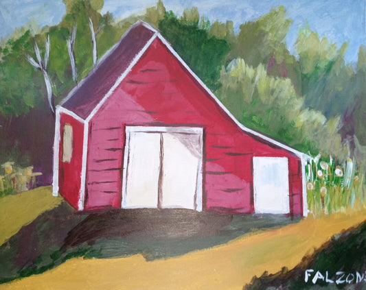 Hay Barn, flowers, trees landscape acrylic 11x14 painting canvas art paper