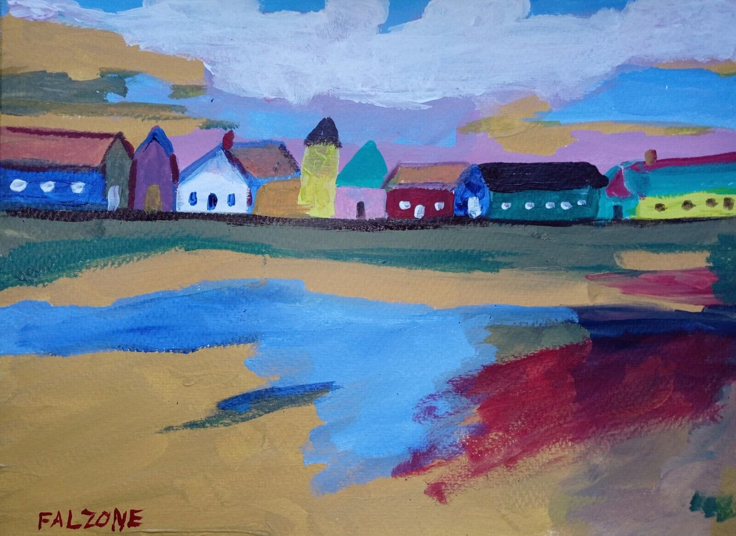 Seaside village, ocean, beach, colorful 11x14 acrylic on canvas, original