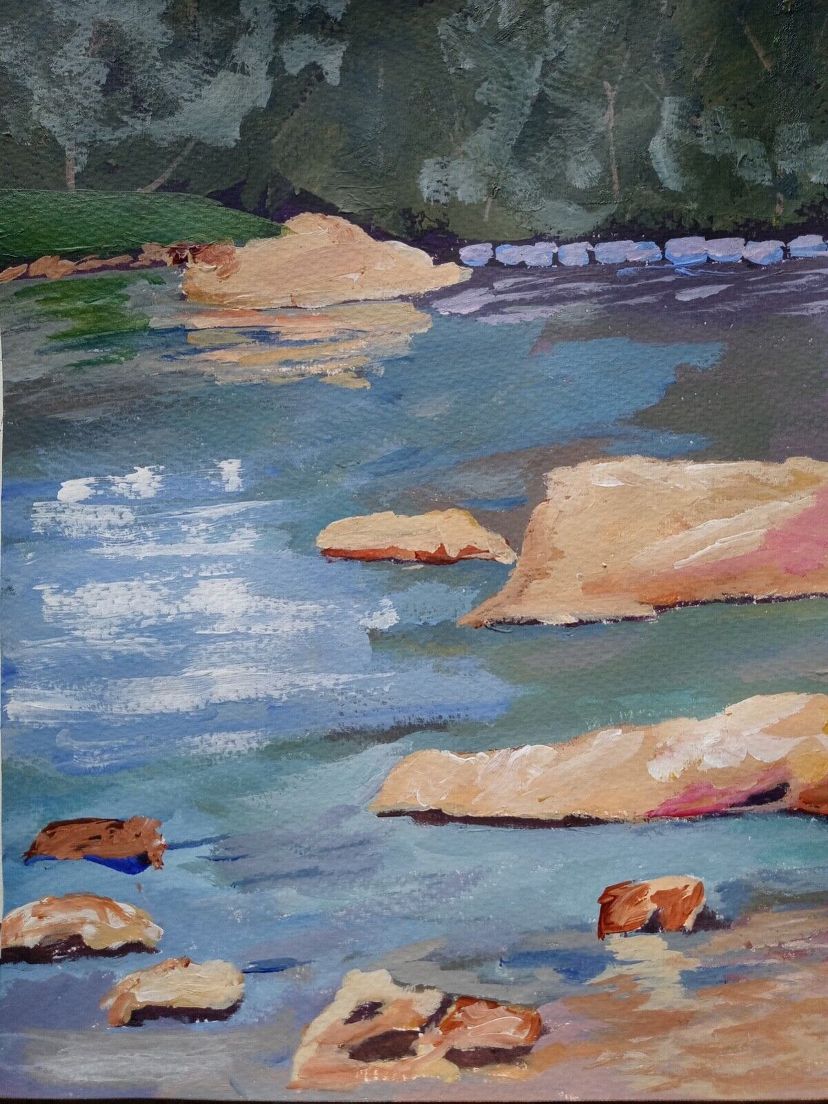 Moving Water, rolling stream, scenic acrylic impressionist 11x14, canvas paper