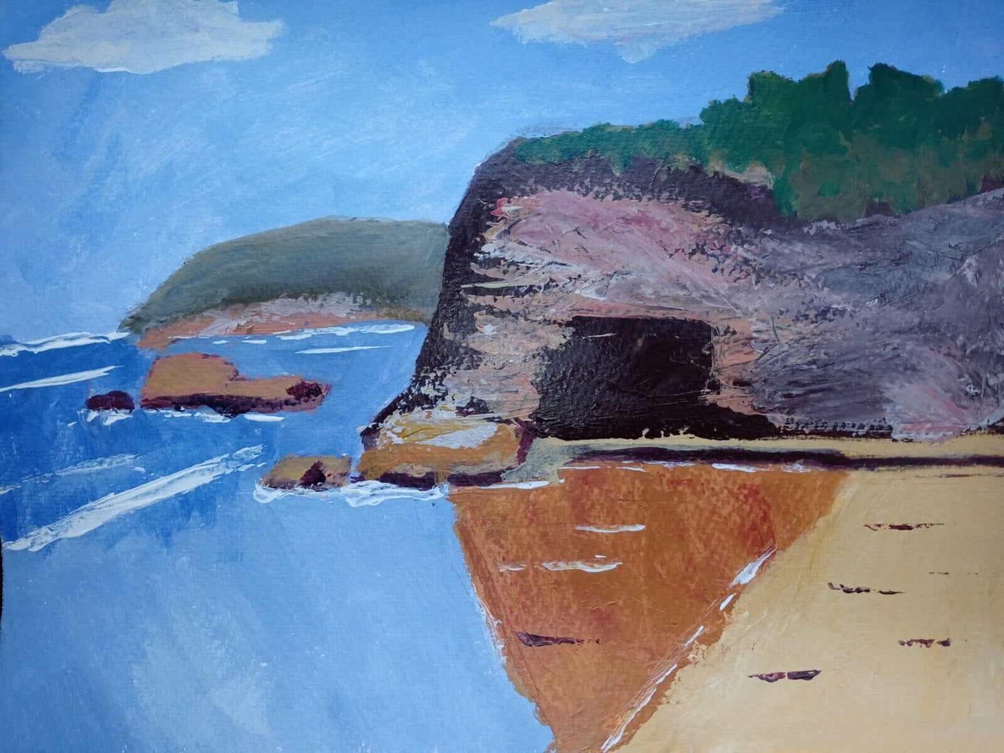 Seascape, beach, bluffs,  trees, cliffs, Impressionist Acrylic Painting Original