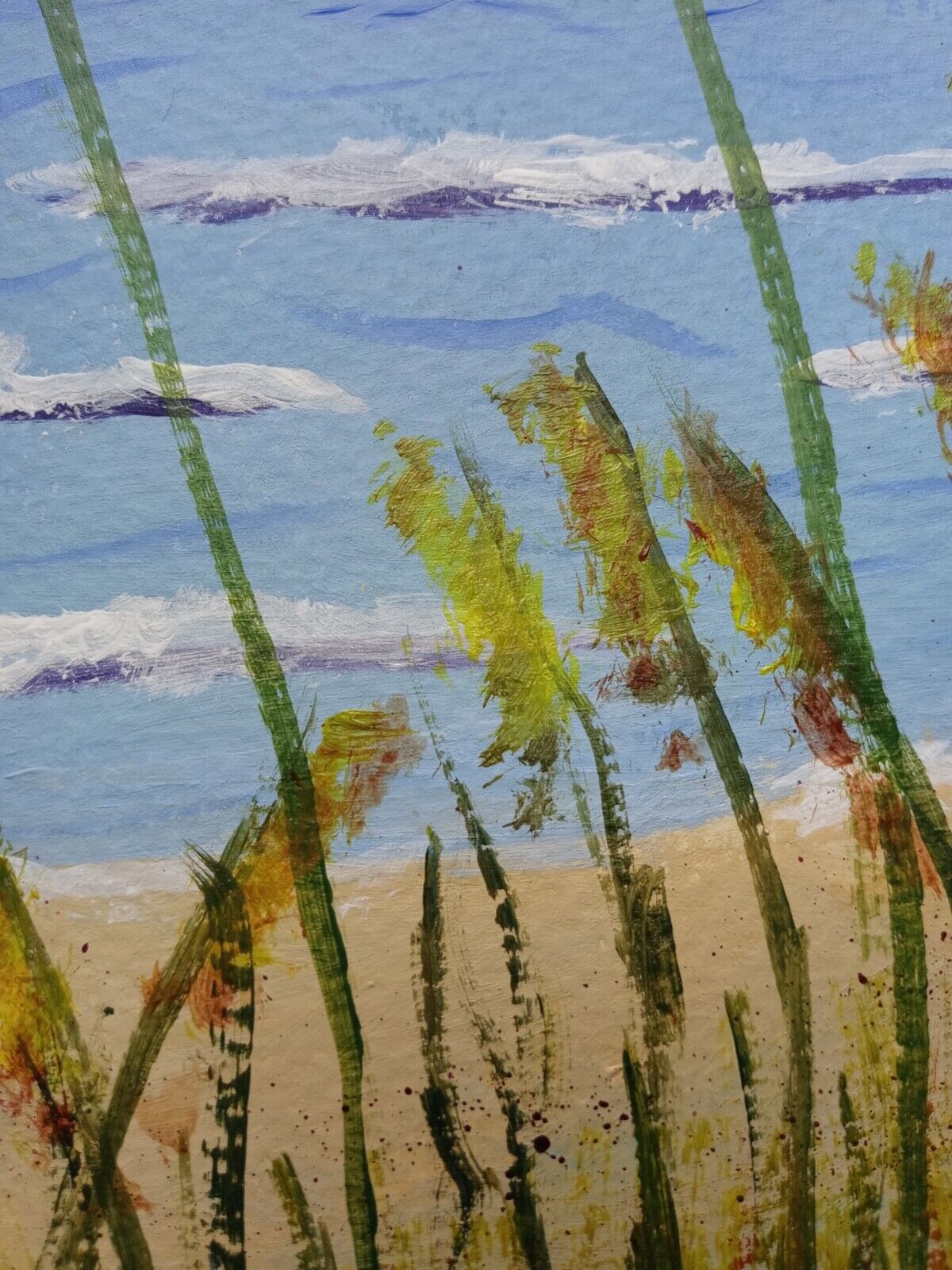 Ocean reeds, dune grass, sailboats, beach, tall grasses, cloudy sky, 11x14 acryl