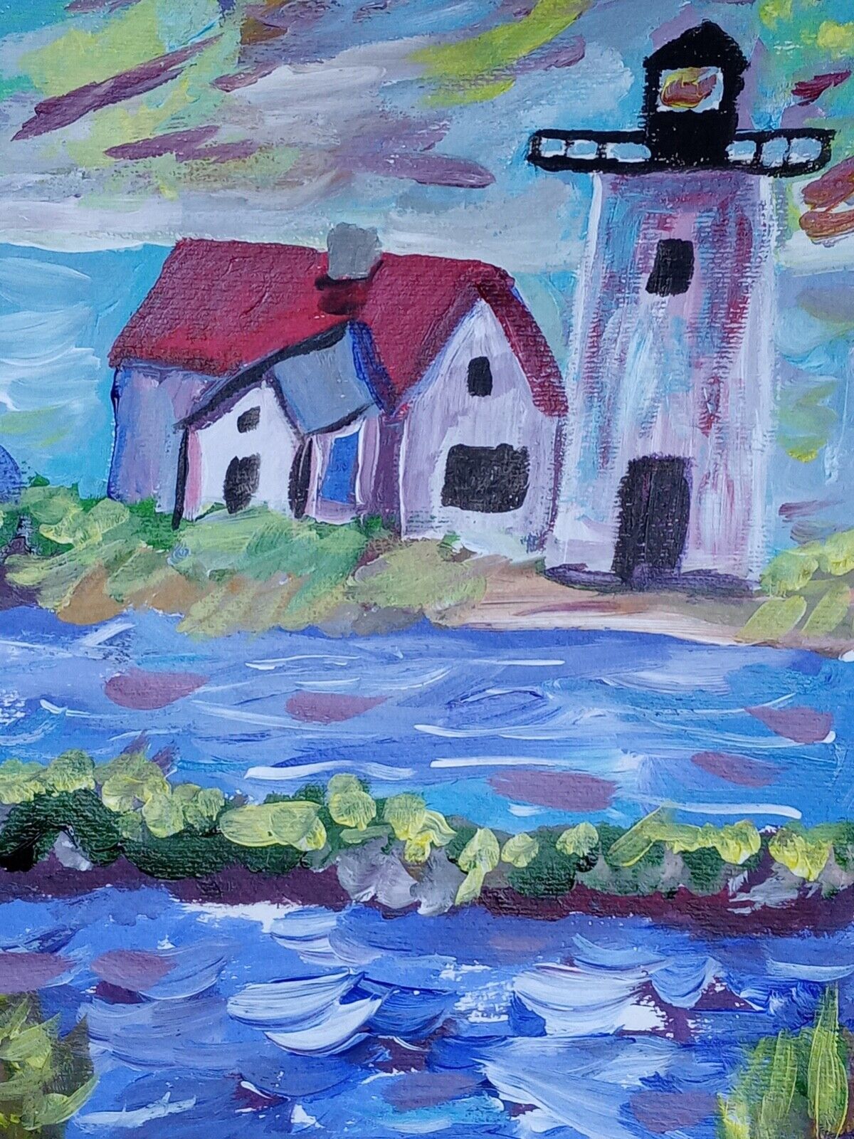 lighthouse keepers home Ocean beach acrylic, 9 x 12 painting on canvas paper