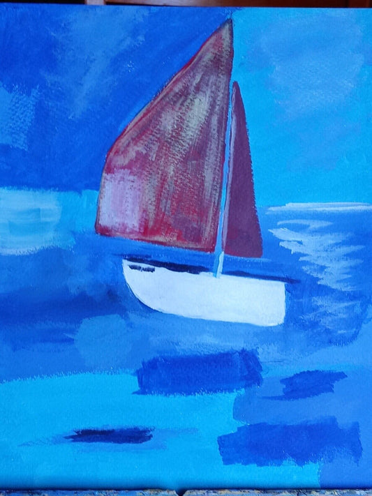 Sailboat red sail Rough seas, waves, abstract original 14x11 acrylic painting,