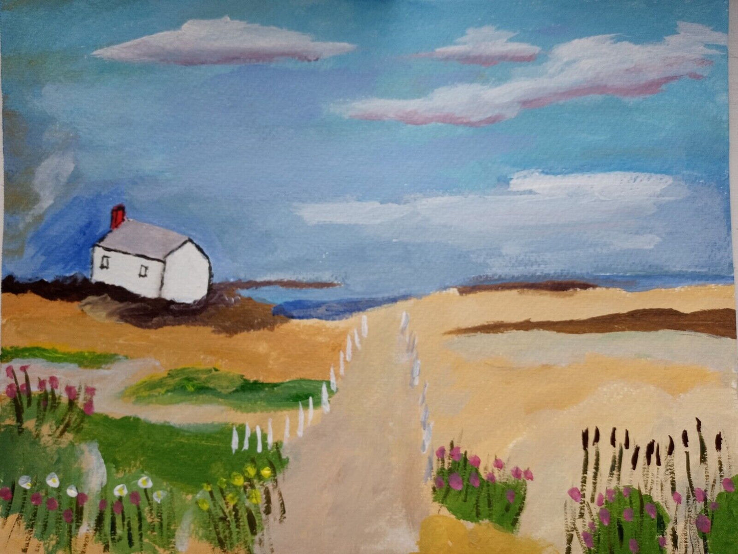 Home by the sea, ocean front on dune, 11x14 acrylic painting on canvas, original