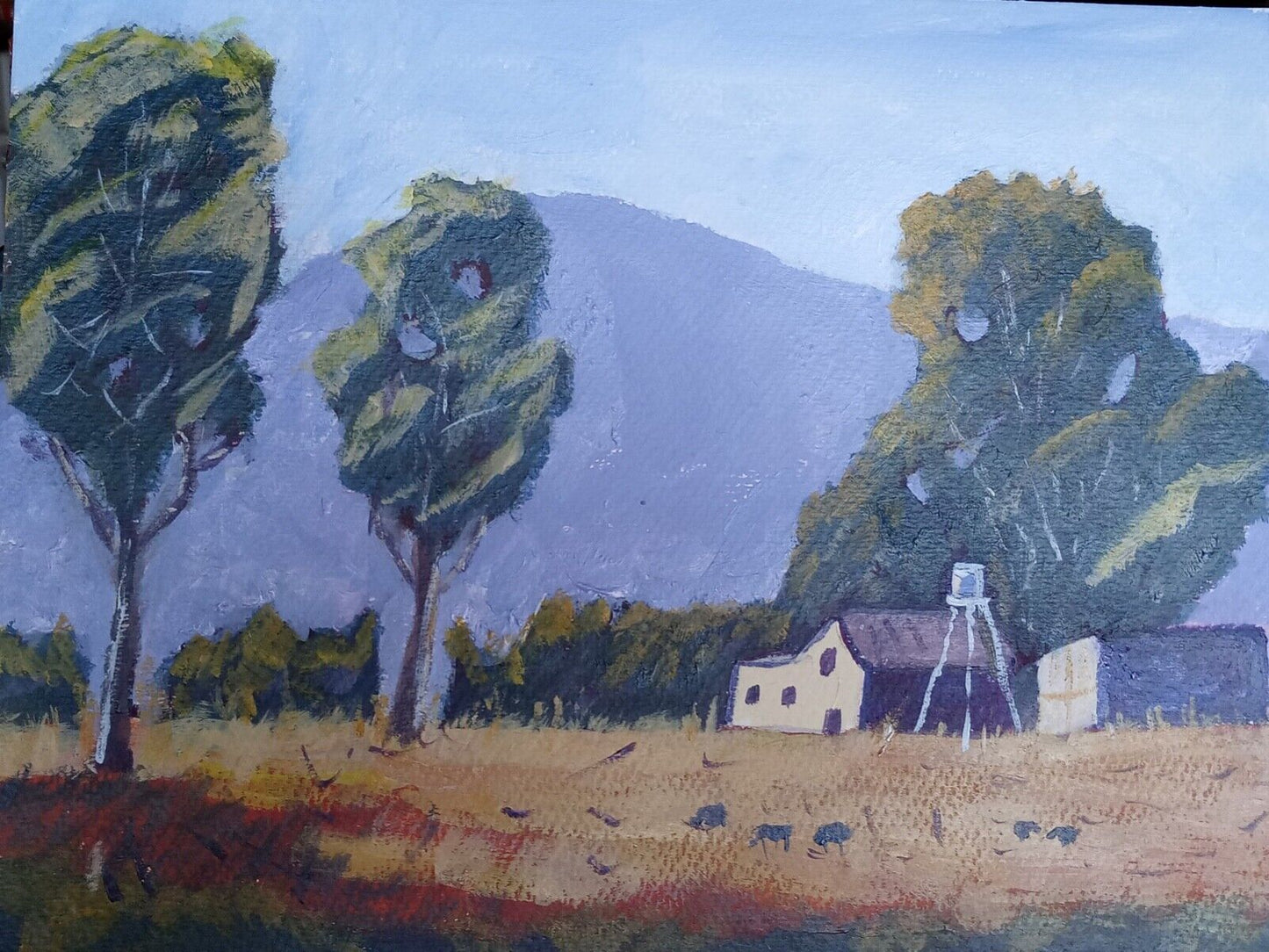 Sheep shed in woods, hillside, trees, Impression Acrylic 11x14 original painting