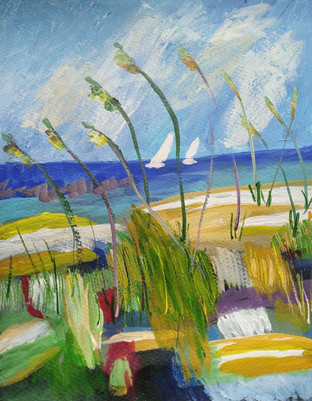 Ocean reeds, dune grass, sailboats, abstract beach, tall grasses, cloudy sky