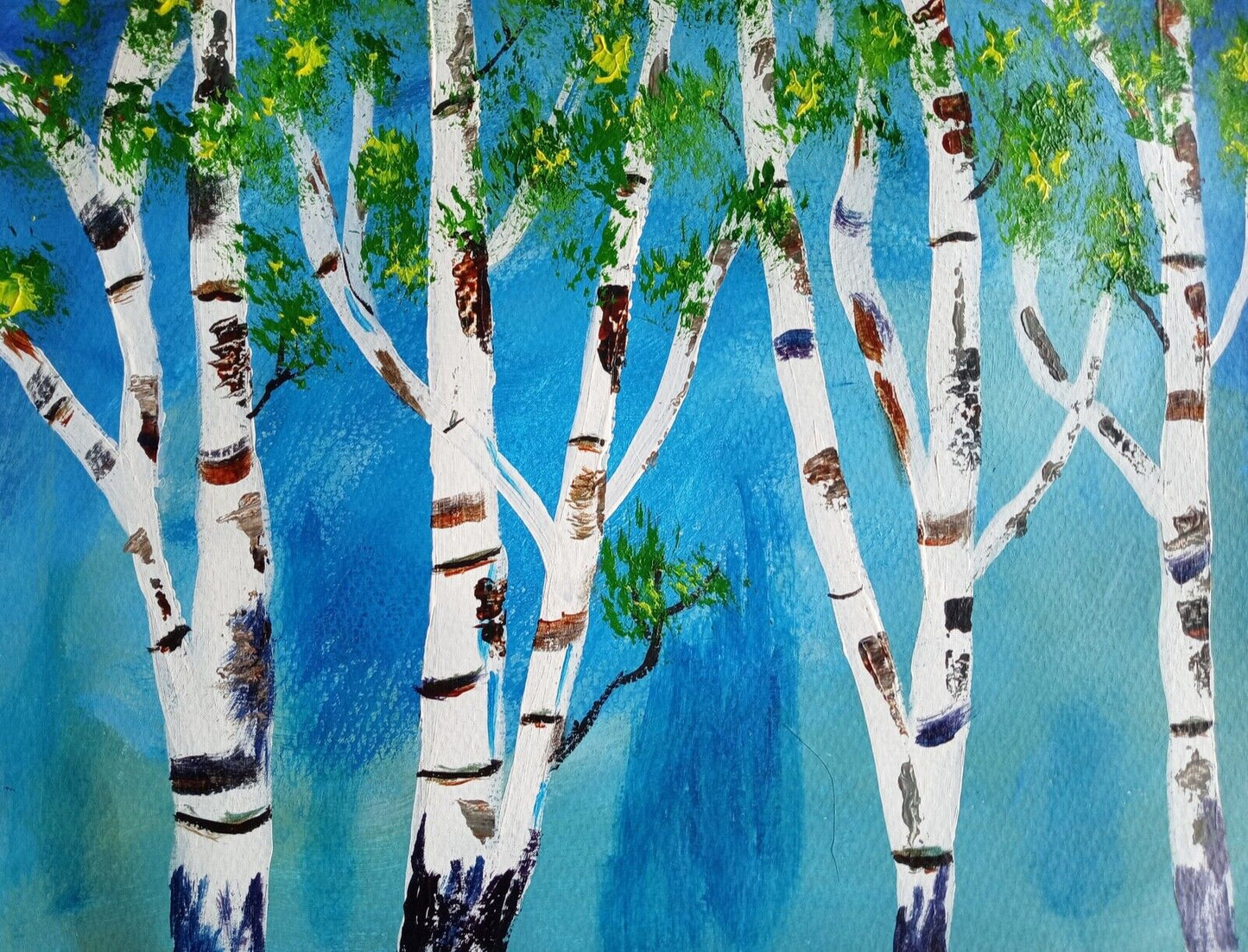 Birch trees in forest blue background abstract acrylic, 11x14 original painting