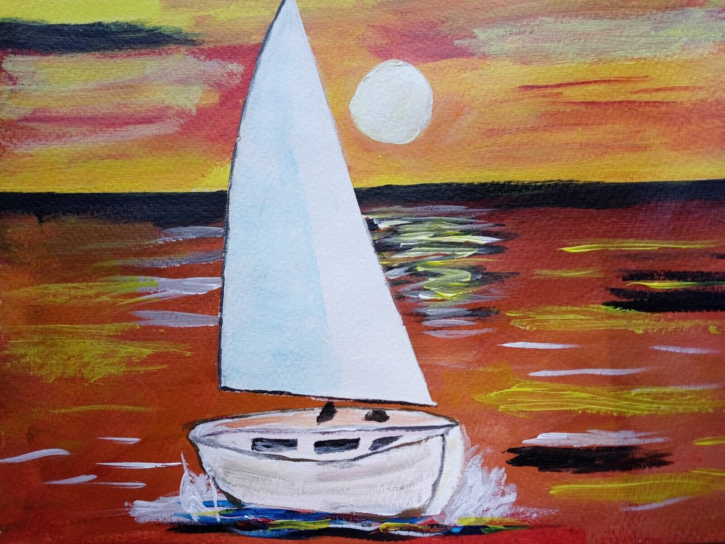 Sailboat at Sunset on Cape Cod, chunky paint, glowing ocean, 11x14 acrylic canva