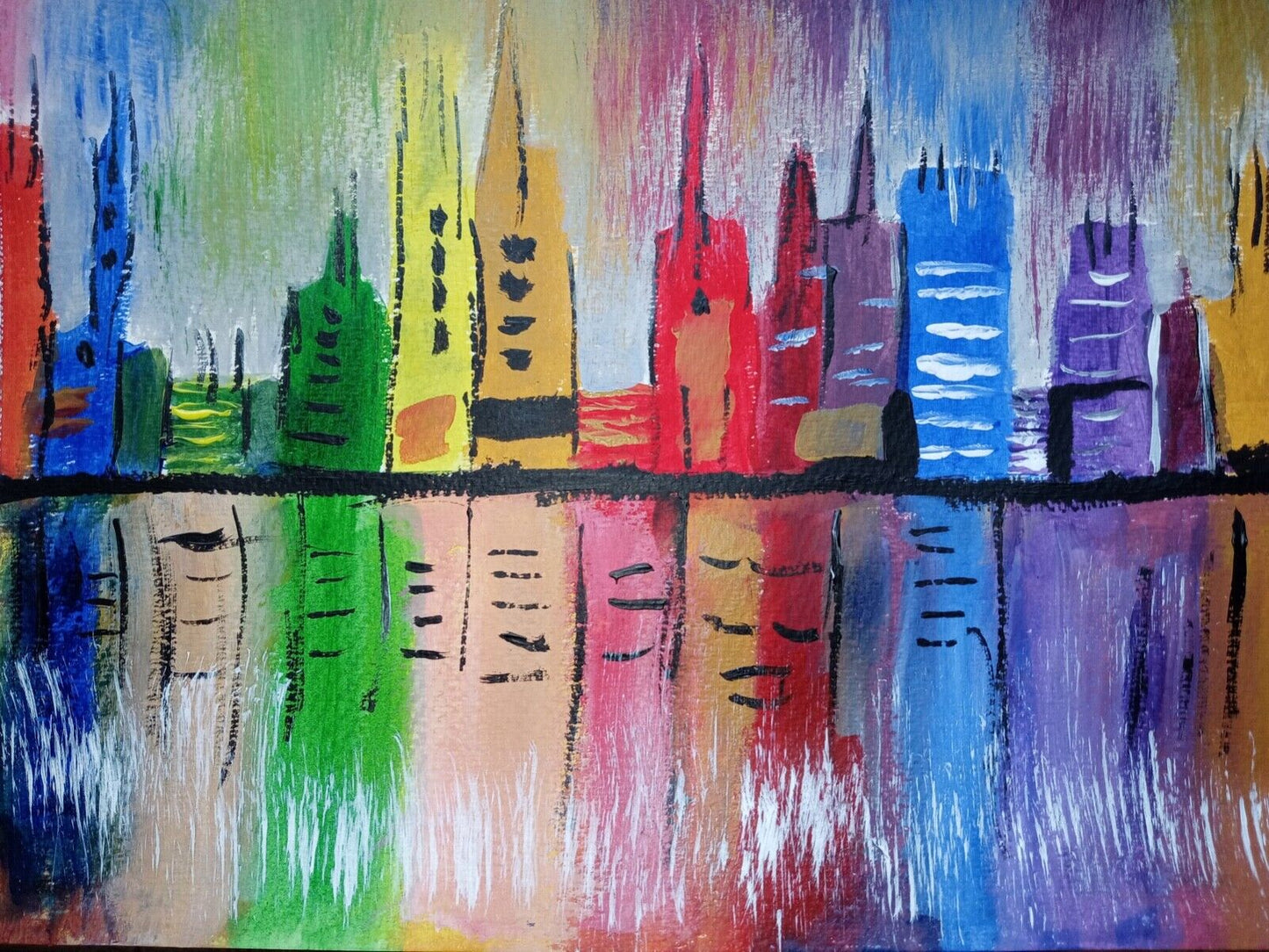 Colorful City, reflections, buildings, rainbow, 11x14 acrylic on canvas, origina