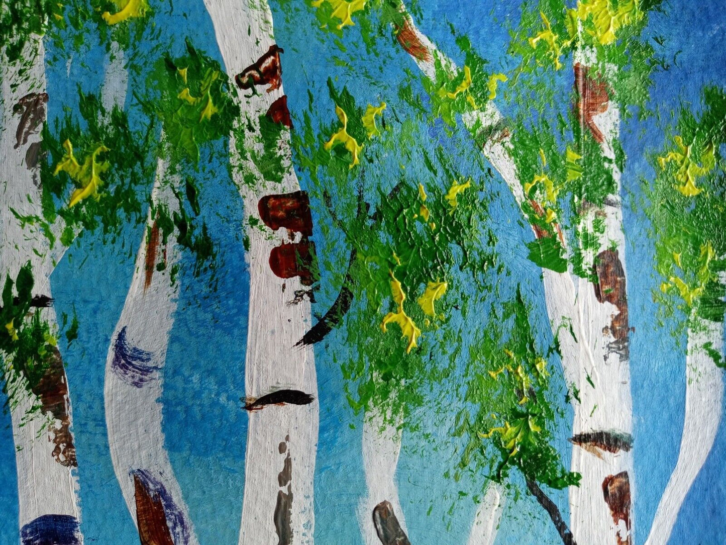 Birch trees in forest blue background abstract acrylic, 11x14 original painting