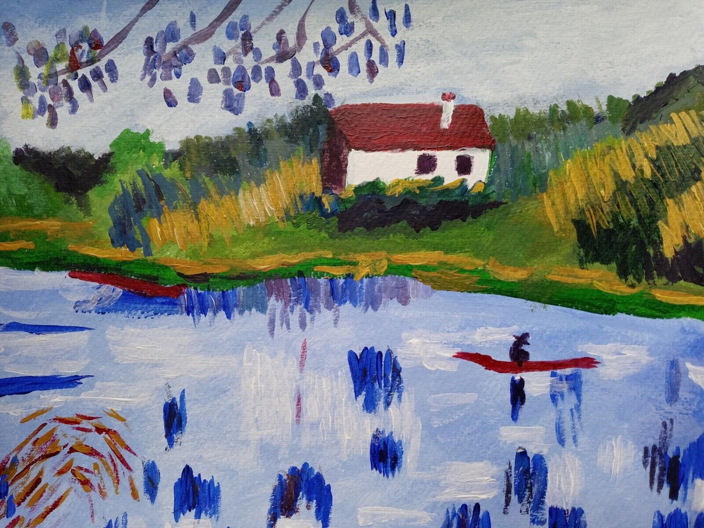 Sunny French River scene with boater Colorful brush work acrylic 11x14 original