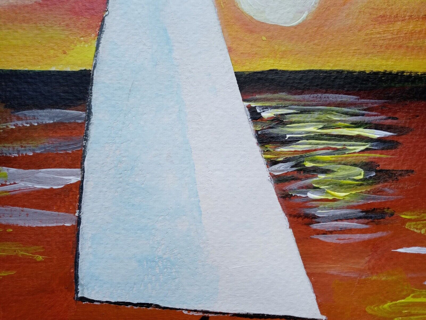 Sailboat at Sunset on Cape Cod, chunky paint, glowing ocean, 11x14 acrylic canva