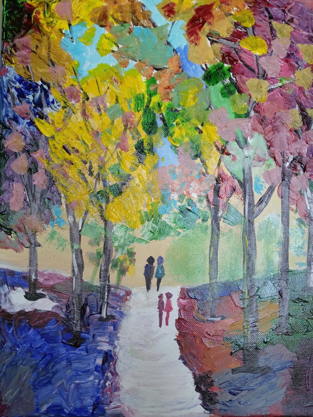 Fall Walk in the park- in the style of Afermov, colorful acrylic original paints