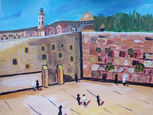 Jerusalem Prayer Wall, Dome, surrounding landscape, pray 11x14 acrylic, origina1