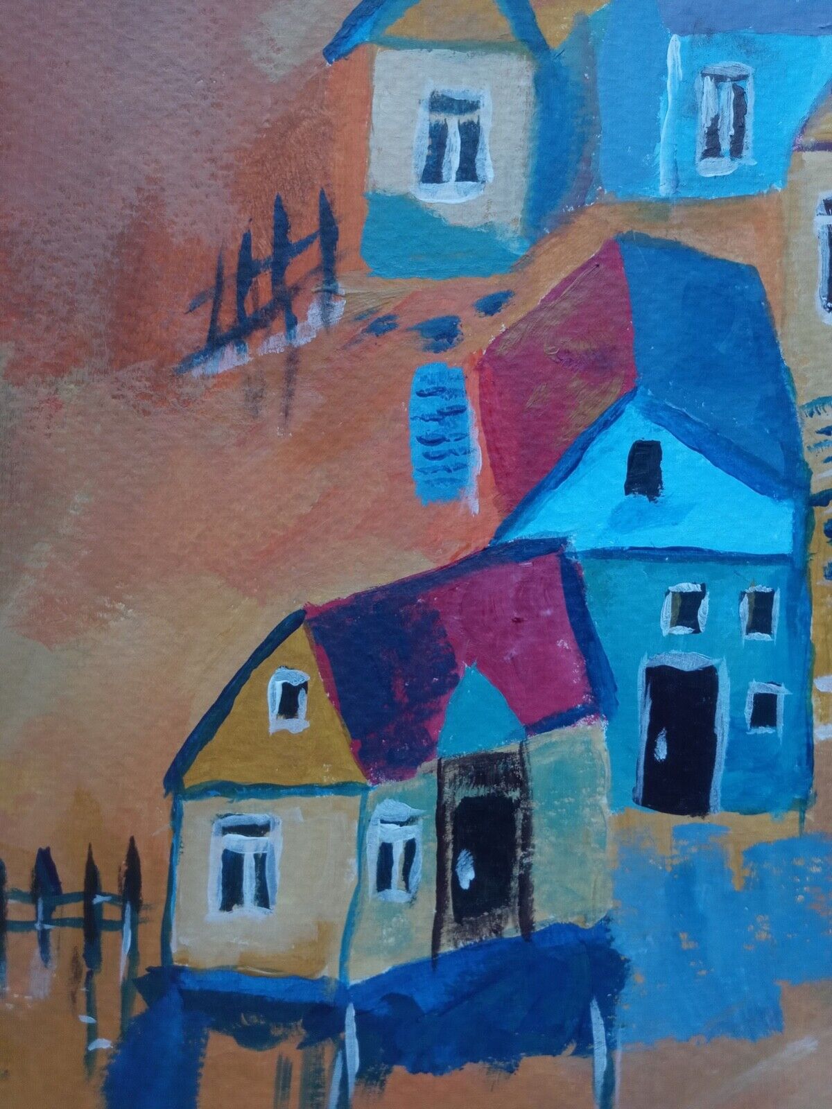 Rusty Village colorful buildings Figurative Landscape impressionis 11x14 acrylic