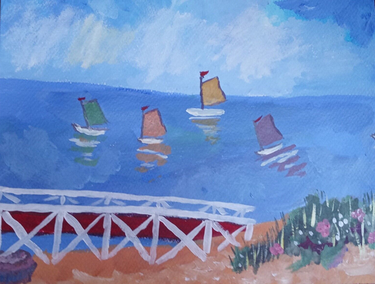 Sailboats, seascape scene, flowers acrylic bridge to lighthouse, nantucket beach