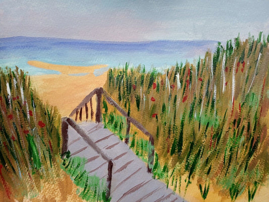 Path to beach, dune grass, stairway to warm sandy beach, 11x14 acrylic canvas