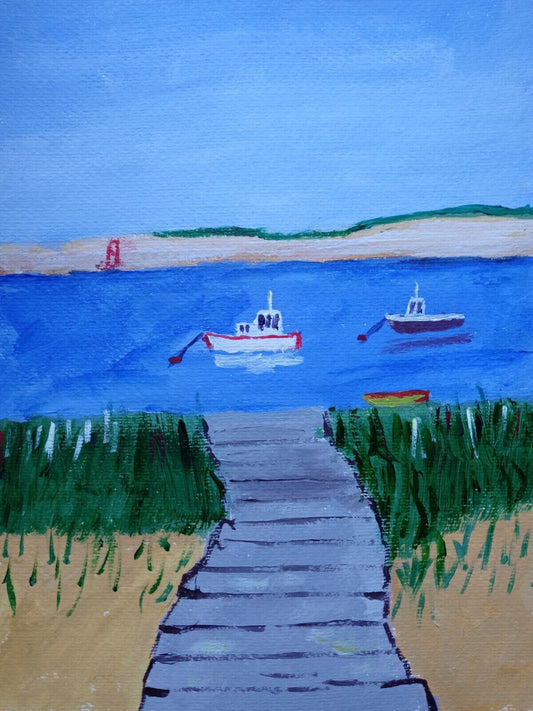 Walkway to beach, boats, grass, distant bluff across bay, 9x12 acrylic canvas