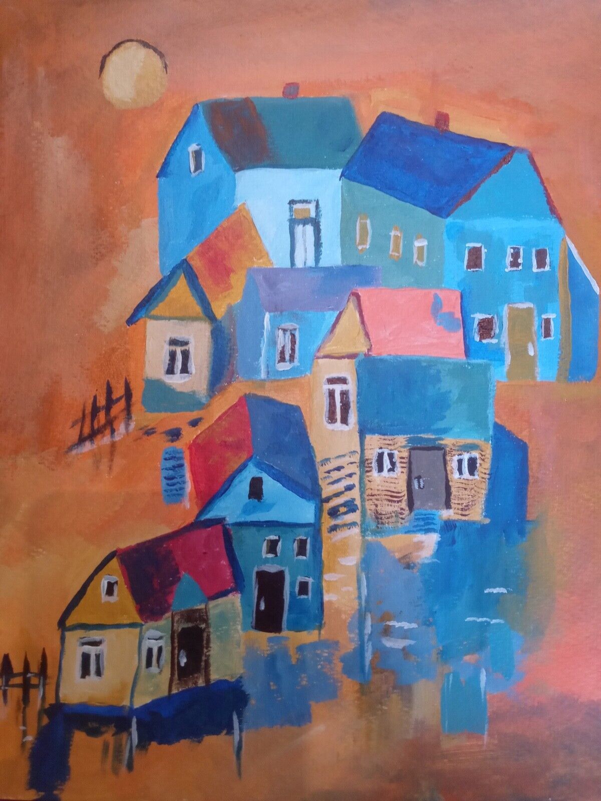 Rusty Village colorful buildings Figurative Landscape impressionis 11x14 acrylic