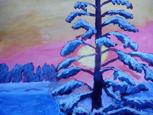 Sunset over the snow, colorful sky, Impression Acrylic 11x14 original painting