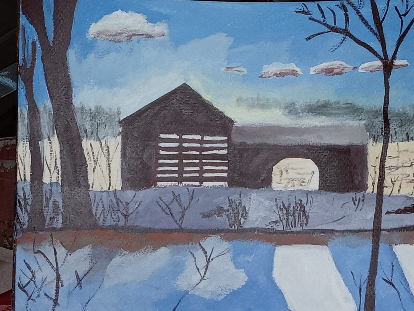 Barn in mist snowy NH, country barn Impressionist Acrylic Original Painting