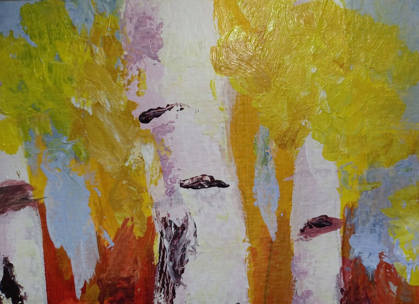 Birch trees in forest, bright colors, acrylic, 11x14 on canvas paper